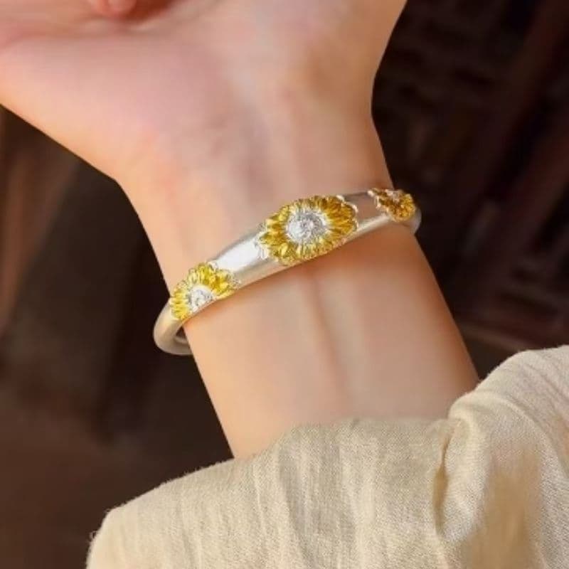 8508 Pure Silver 999.9 Sunflower Bracelet, High-End New Chinese Style Sunflower Ethnic Bangle