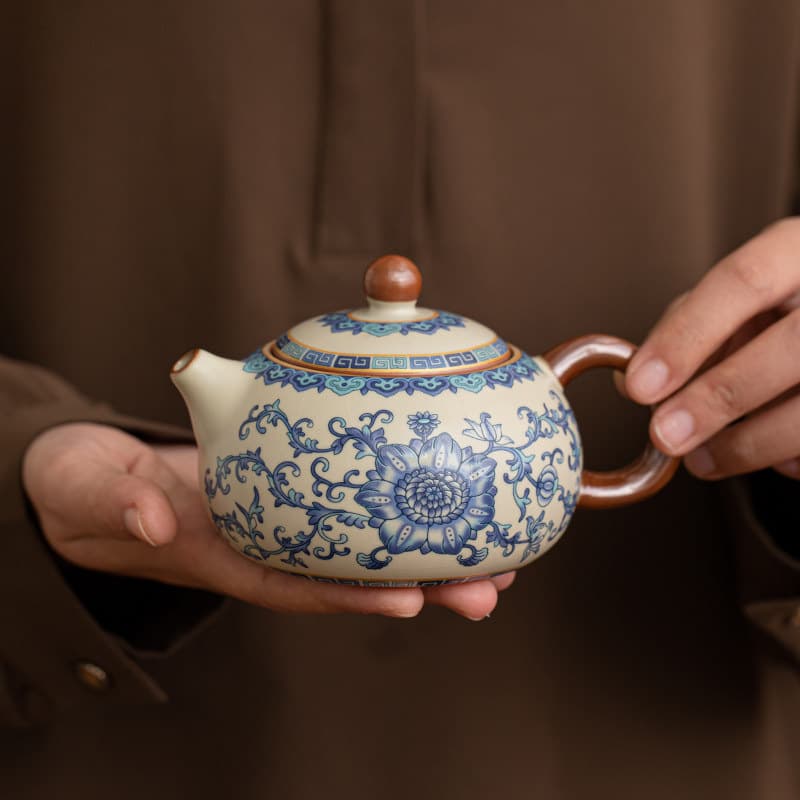 Blue and White Ru Kiln Xi Shi Teapot, Stone-Shaped Ceramic Teapot, Household Tea Brewing Single Teapot, High-End Imitation Tea Ware