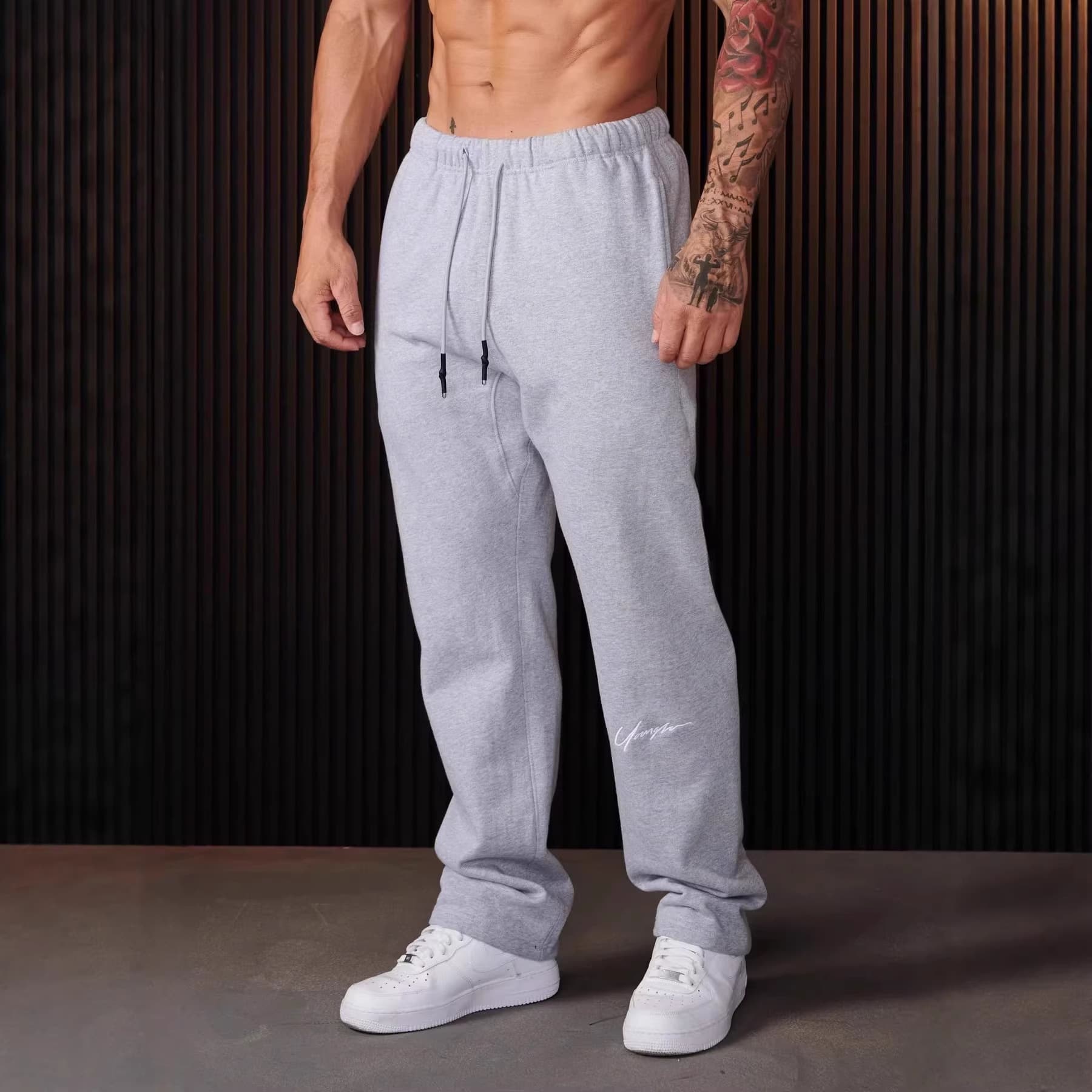 YOUNGLA New Men's Sweatpants Heavyweight Terry Embroidered Pants Joggers Workout Fitness Straight-Leg Sweatpants