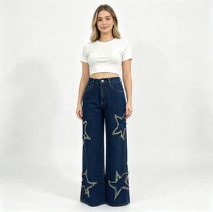 European and American Y2K Star Patch Wide Leg Jeans Amazon High Waist Straight Leg Floor-Length Denim Pants Women's Clothing Source