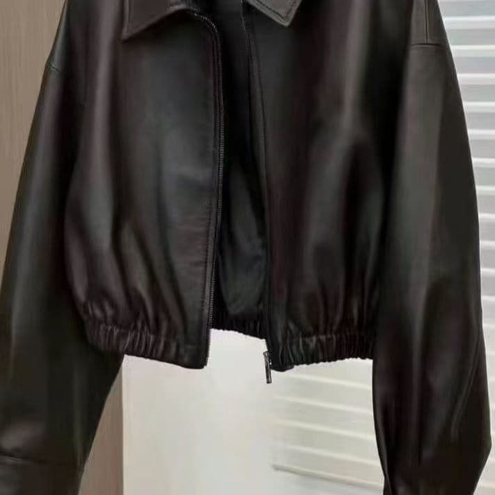 Black Soft Leather Spring/Fall Jacket Women 2026 New Square Neck Unique Design Motorcycle Zipper Short Leather Jacket Trendy