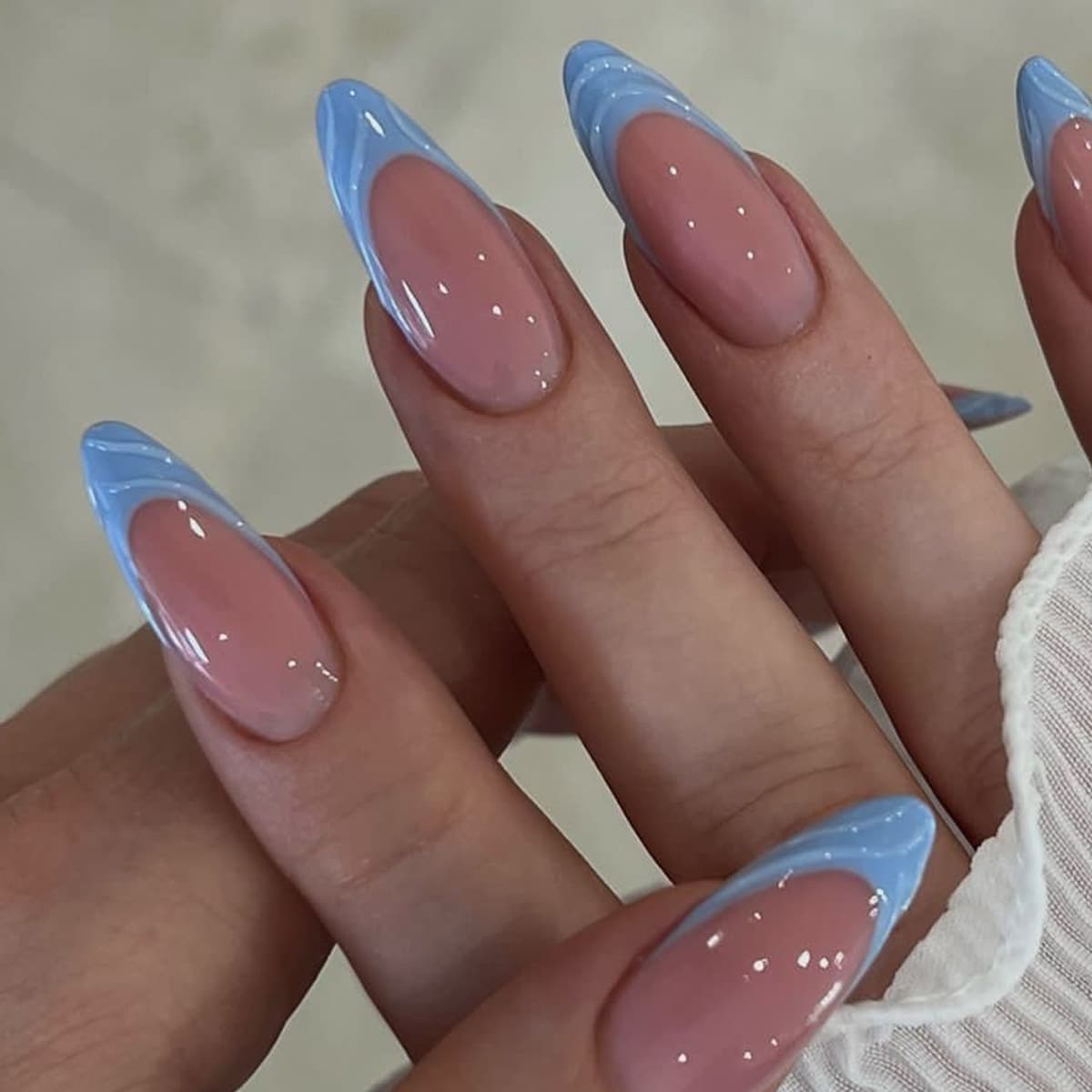 Wearable Nails Fresh Blue 3D French Almond Nails European American Ins Style Fake Nails Finished Product
