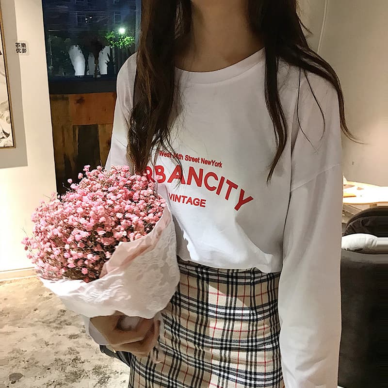 Women's Long Sleeve Cotton T-shirt Korean Style Casual Fashion Print Loose Fit Round Neck Basic Shirt for Students
