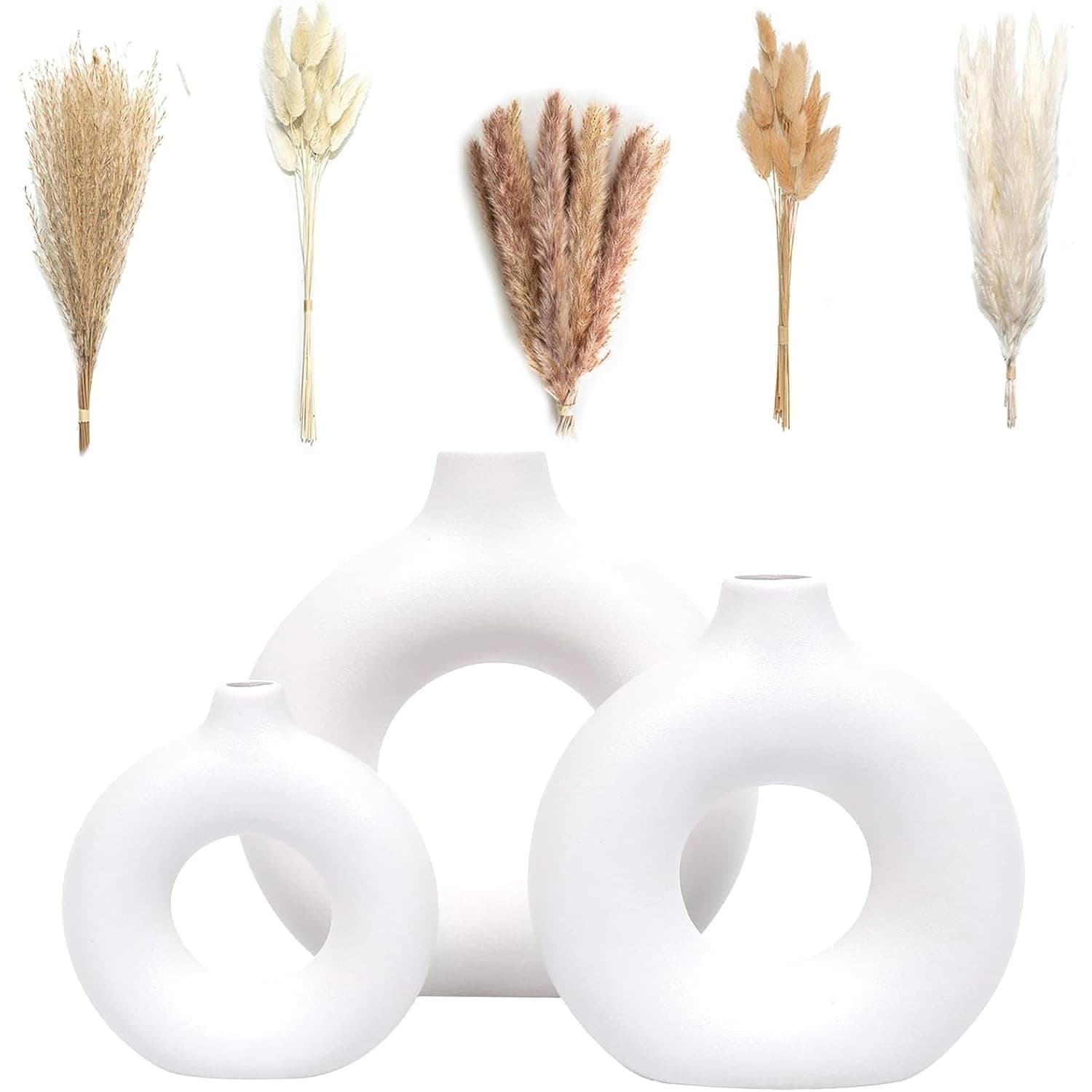 White Ceramic Vase 3-Piece Set with Dried Pampas Grass, Boho Style Vessel Desktop Storage Tool