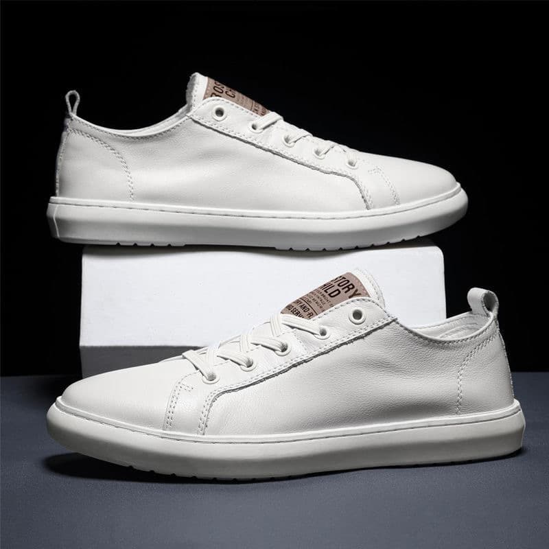 Soft Leather White Casual Shoes for Men, Waterproof, Lightweight, Breathable, Versatile, Korean Style
