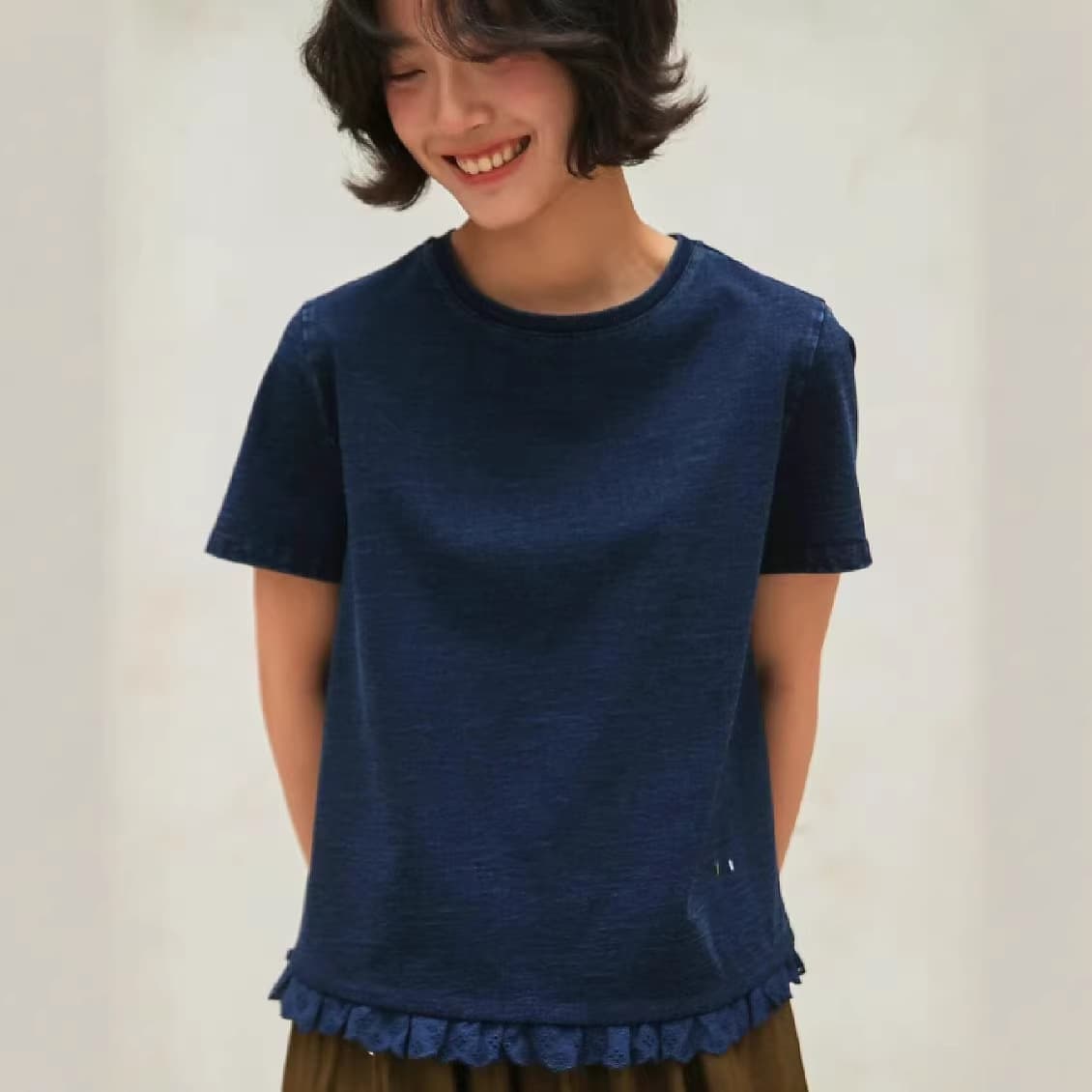 Premium Denim Blue Round Neck Short Sleeve T-Shirt for Women Summer Lace Short Top French High-End Top