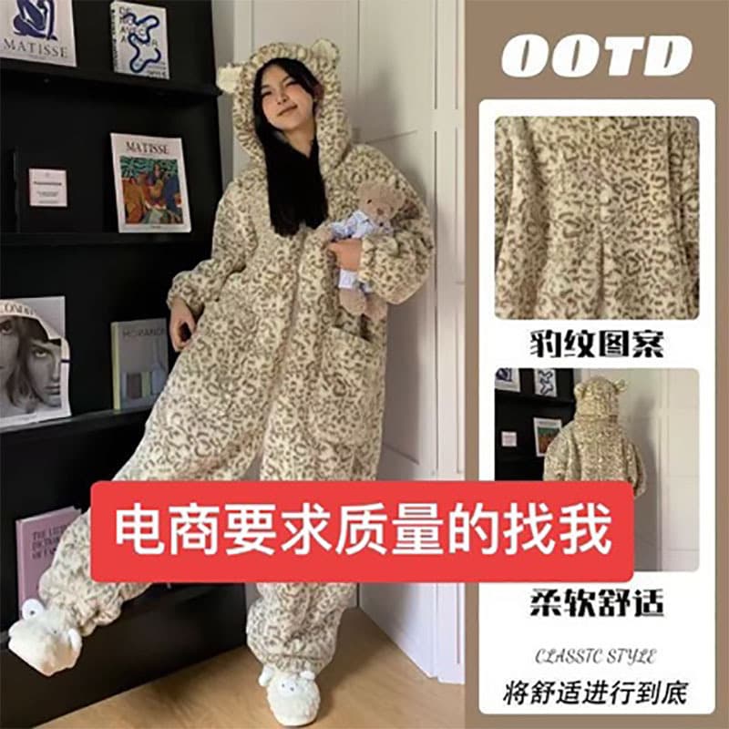 Direct Supply Women's Coral Fleece Cartoon Leopard Print Onesie Pajamas Spring/Autumn Plush Lining Cute Hooded One-Piece Women's Loungewear