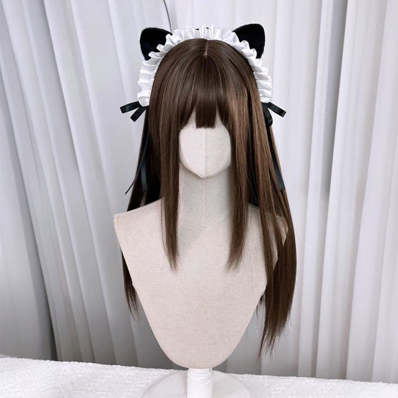 Sweet Little Lolita Daily JK Girl Wig Set Natural Seamless Black Long Straight Full Wig
