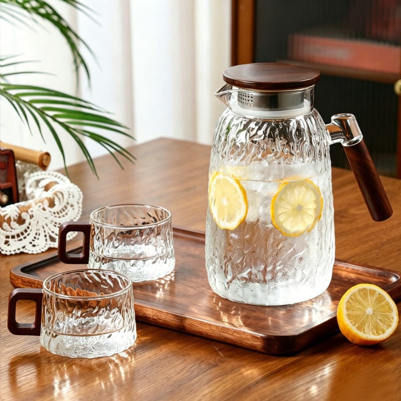 Thickened heat-resistant large-capacity juice kettle, bark pattern cold kettle set, high borosilicate glass household hospitality water set