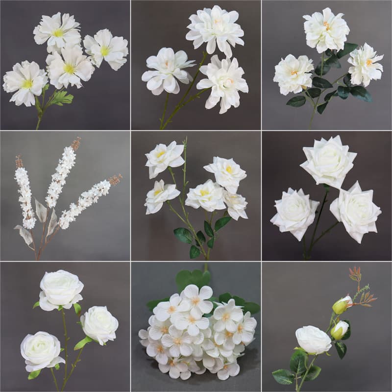 Artificial Misty White Wedding Florals: Frosted Wedding Hall Decor, Aisle and Ceiling Arrangements with Plastic Fake Flowers