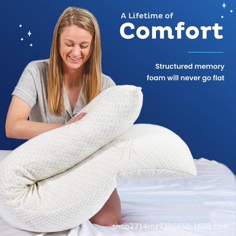 White maternity pillow with memory foam pieces, adult pregnancy side-sleeping long body pillow.