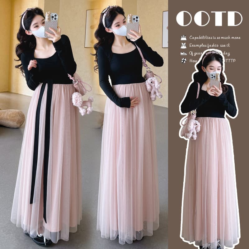 In Stock Good Quality 2026 Early Spring New Maternity Dress Korean Style Bow Patch Mesh Plus Size Maternity Dress