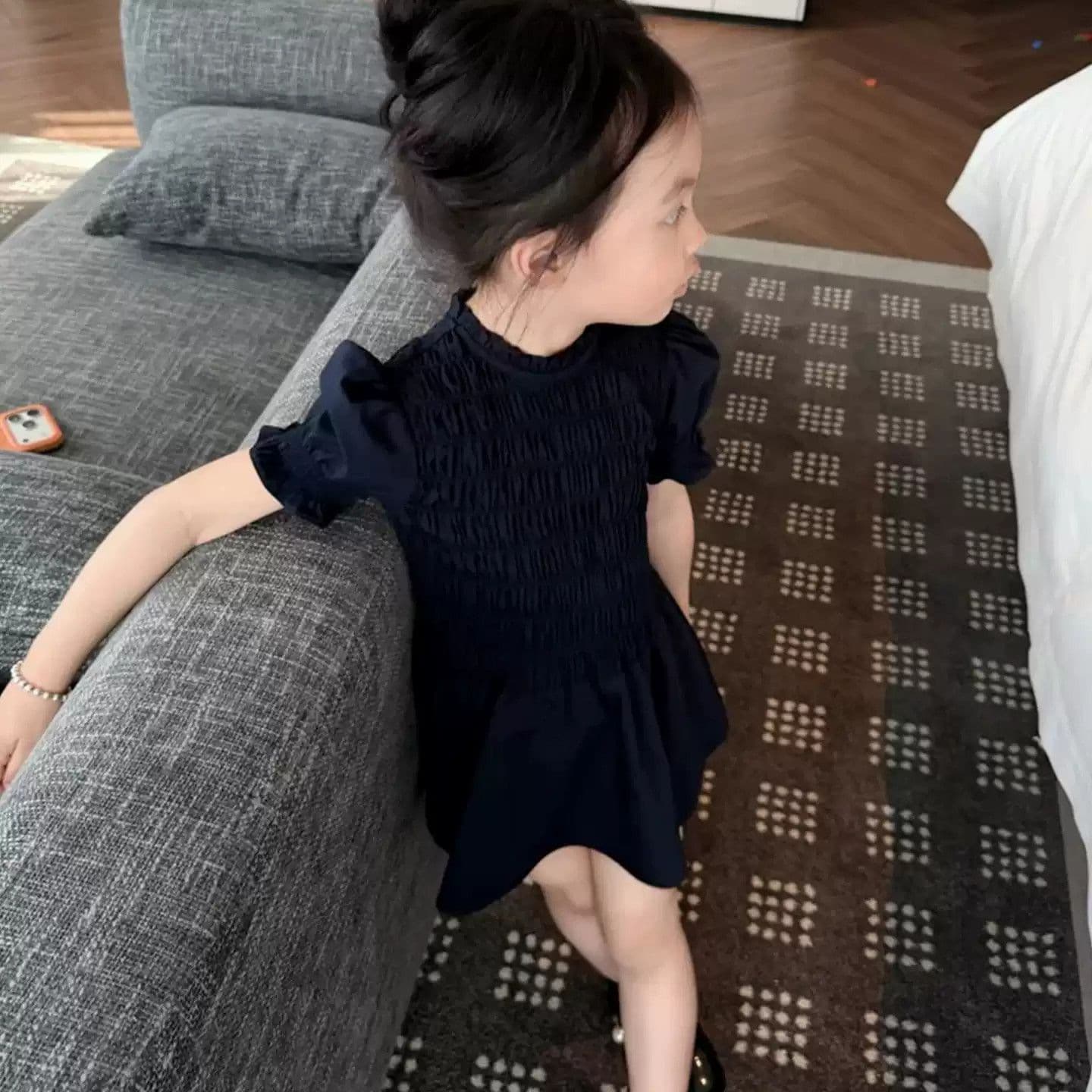 Korean-style Girls' Mother-Daughter Dress 2026 New Summer Children's Fashion Bubble Sleeve Ruffled Collar Navy Blue Vest Dress