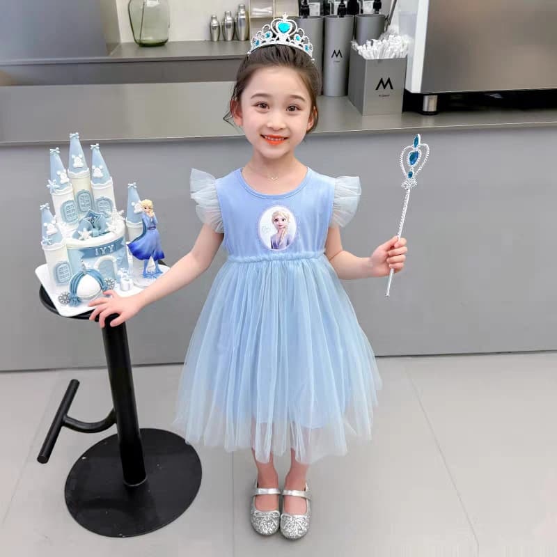 Girls Princess Aisha Dress Summer New Baby Short Sleeve Frozen Dress 2-6 Years Old Children's Birthday Dress