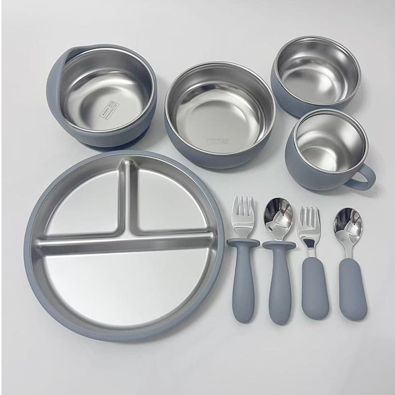 Custom Kids Tableware Baby Feeding Bowl Anti-Scald Fork and Spoon Children Stainless Steel Divided Plate with Suction Cup Training Cup