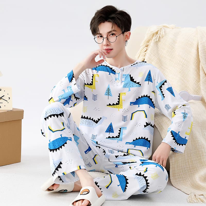 Summer Youth Silk Cotton Pajama Set, Cotton Silk Homewear, Thin Long-Sleeve Pants for Boys
