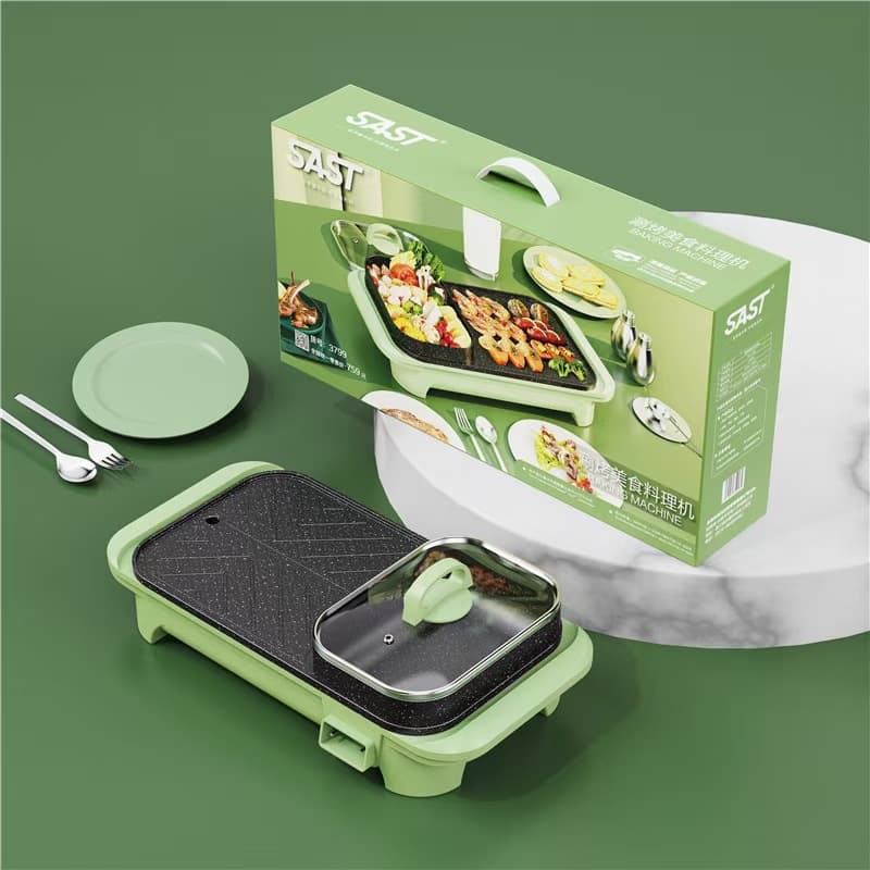 Cross-Border New SAST Dual-Purpose Hot Pot and Grill, Korean-Style Multi-Function Home Cooking Machine with Long Grill Plate, Wholesale Gift