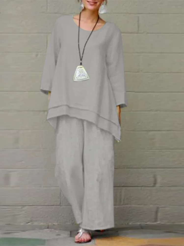 2023 Cross-Border Export Plus Size Women's Solid Color Ethnic Style Pants Suit, Cotton Linen Casual Long Sleeve Loose Cotton Suit