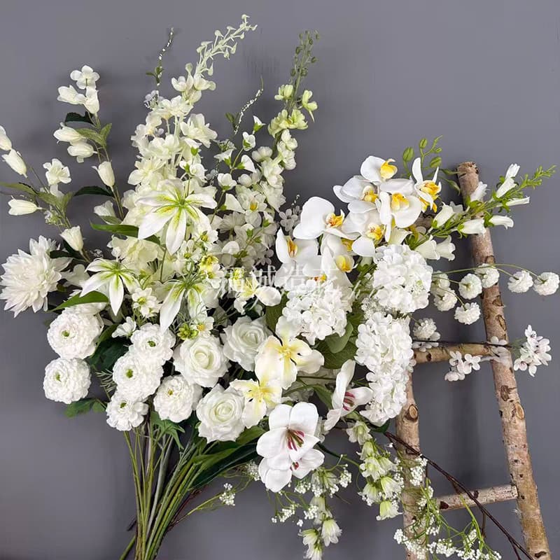 Wedding Floral White Series Artificial Flowers Ceiling Hanging Floral Arrangement Aisle Decor Roses Hydrangea Lilies Decorative Fake Flowers Soft Decor