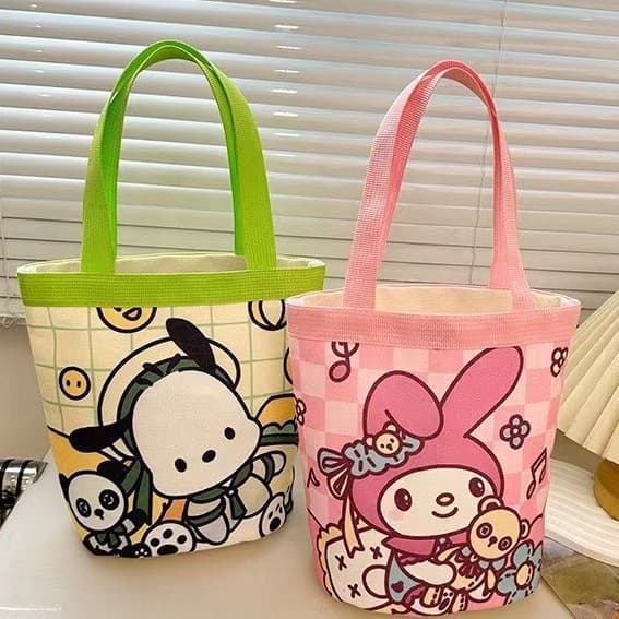 Bucket-style handbag, Korean style, girly, mommy lunch bag, small work bag, children's graffiti canvas bag, cute illustrations