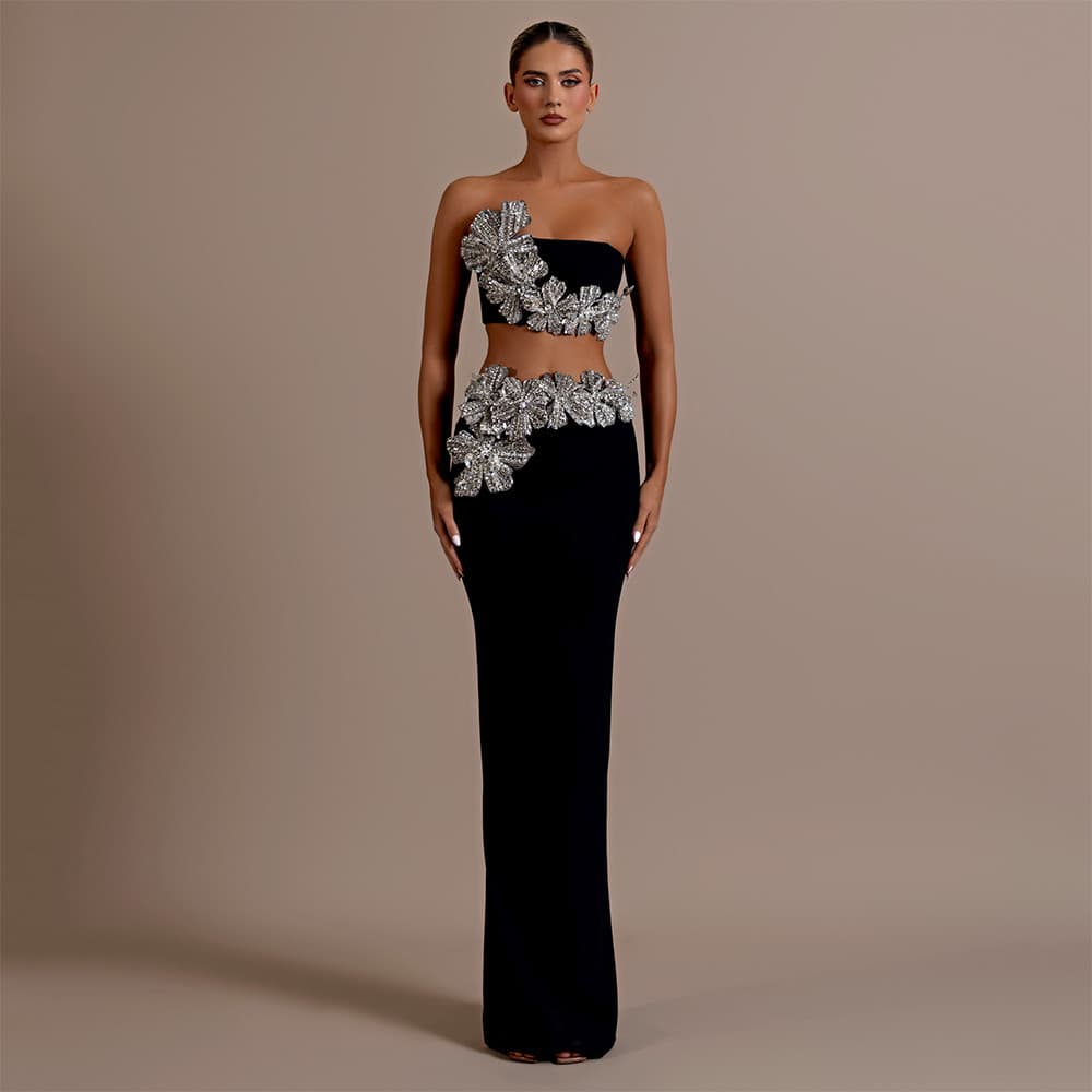 New Design Flower Rhinestone European and American Style Bandage Set Sexy Strapless Crop Top Long Skirt Two-Piece Set