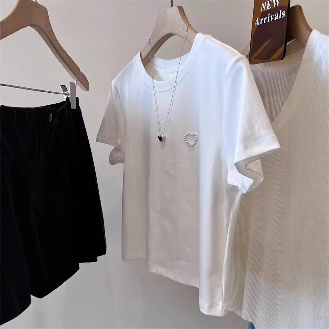 Cotton Plus Size Short Sleeve T-Shirt for Women with Heart Design, Summer 2026 New Trendy Ins Top