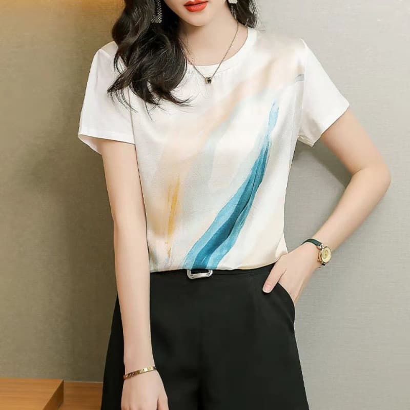 2023 New Satin T-Shirt Short Sleeve Women's Fashion Korean Summer Print Loose Top Urban Style Trendy Women's Clothing