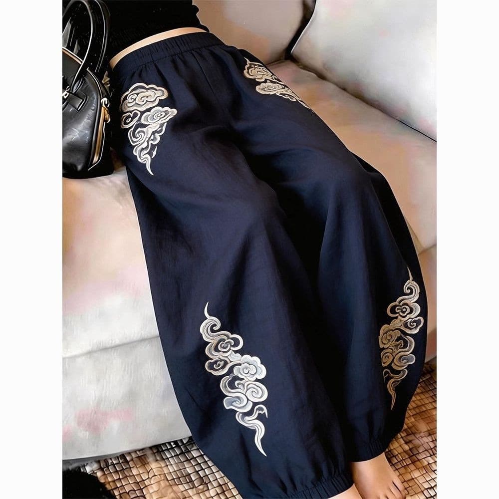 Lazy wind and cloud print loose casual pants, great-looking retro wide-leg pants 2026 summer new loose leggings pants