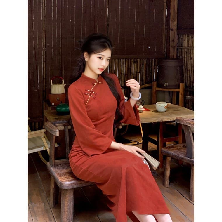 【Red Pavilion】New Chinese Style Modified Cheongsam Dress for Women, Early Autumn New Arrival, Elegant Ink Wash Print Slim Fit Dress