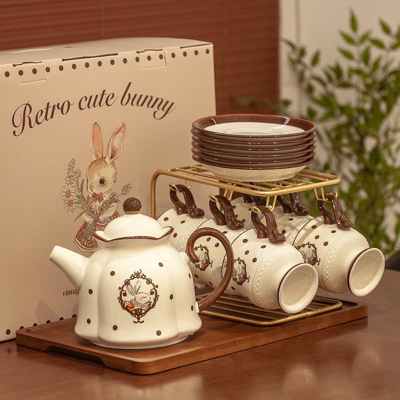 Retro Maillard Ceramic Water and Tea Set, Vintage Style Cup Gift Box for Home Use and Guest Hospitality