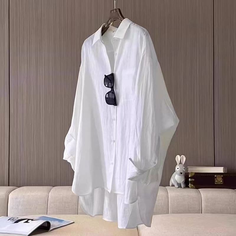 White cotton and linen long-sleeved shirt for women early autumn French loose outer sunscreen shirt design niche linen top