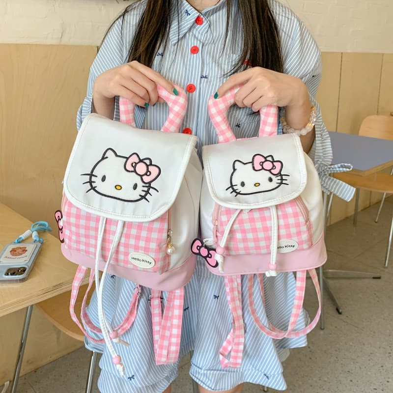 Korean Style Drawstring Backpack with Lid, Red Plaid Hello Kitty, School Style, Cartoon Small Backpack for Girls