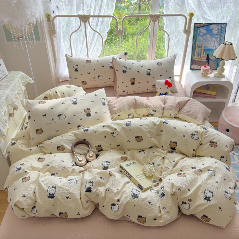 Cross-border Soft Super Cute Cartoon Cat Series Class A Puff Double-Layer Gauze 3/4-Piece Set Factory Wholesale