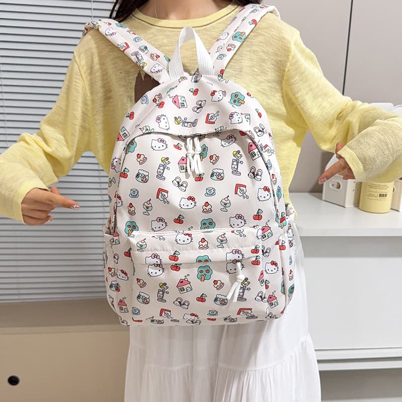 Cute Hello Kitty Backpack Girl School Bag Lightweight Large Capacity Casual Backpack Cream Drawstring