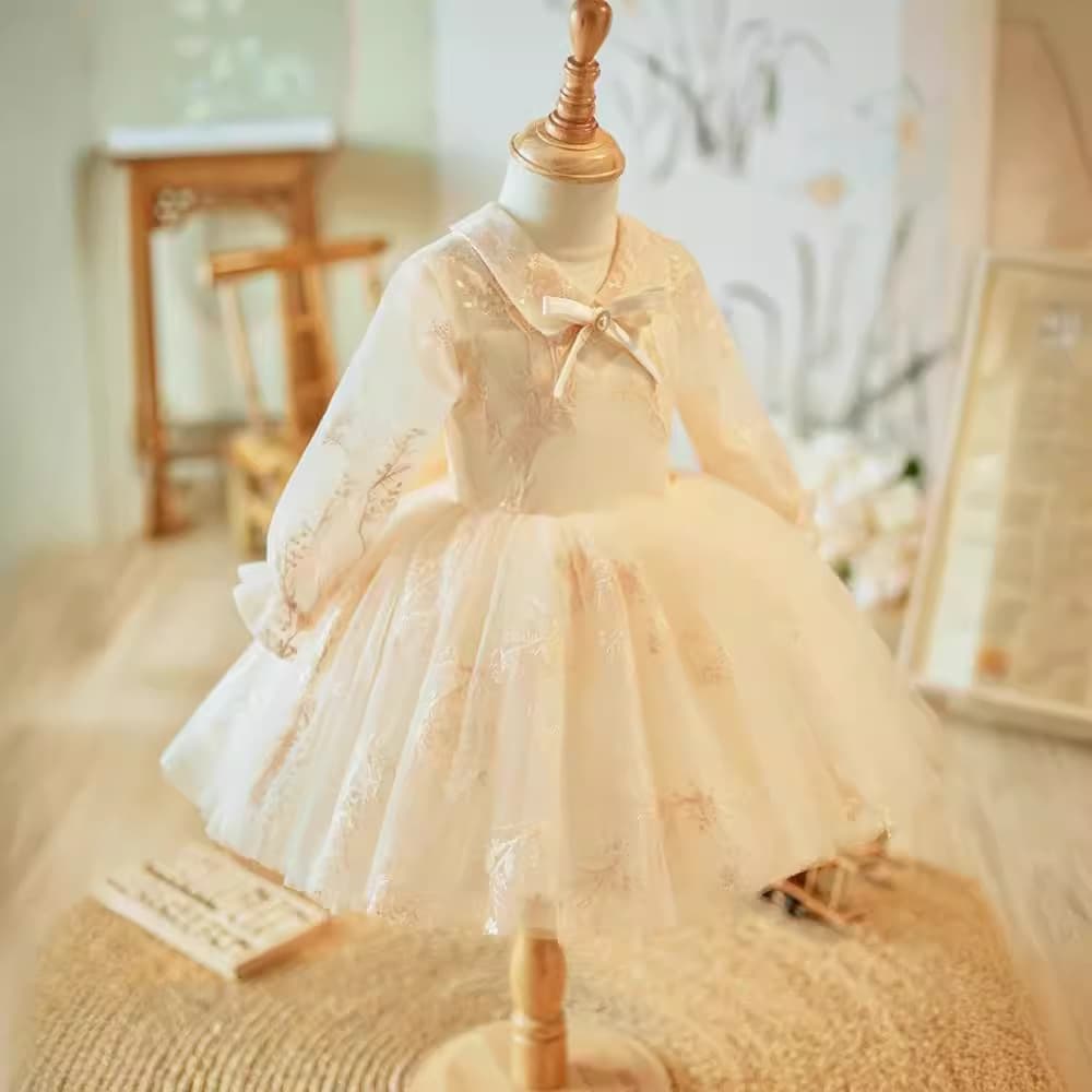 Children's Dress in Champagne Color, Light Luxury Long-Sleeved Flower Girl One-Year-Old Princess Dress, Fashionable Banquet Girl Wedding Dress, Baby Dress