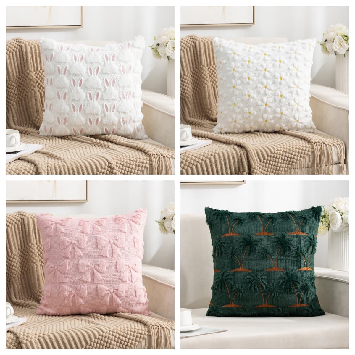 Cross-border new quilted and embroidered pillow covers with rabbit fur sofa cushions without insert, office backrests and bed headrests