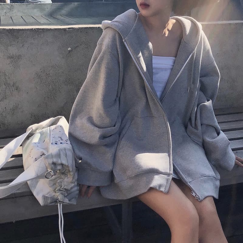 Cross-Border Spring/Autumn Long-Sleeve Zip-Up Hoodie with Fleece Lining, Casual Jacket, Gray Hooded Sweatshirt for Women, New Loose Fit