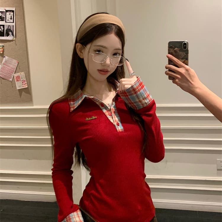 Grid Patchwork Polo Neck Long-Sleeve Knit Top for Women 2024 Winter New Design Slim Fit Layering Tee