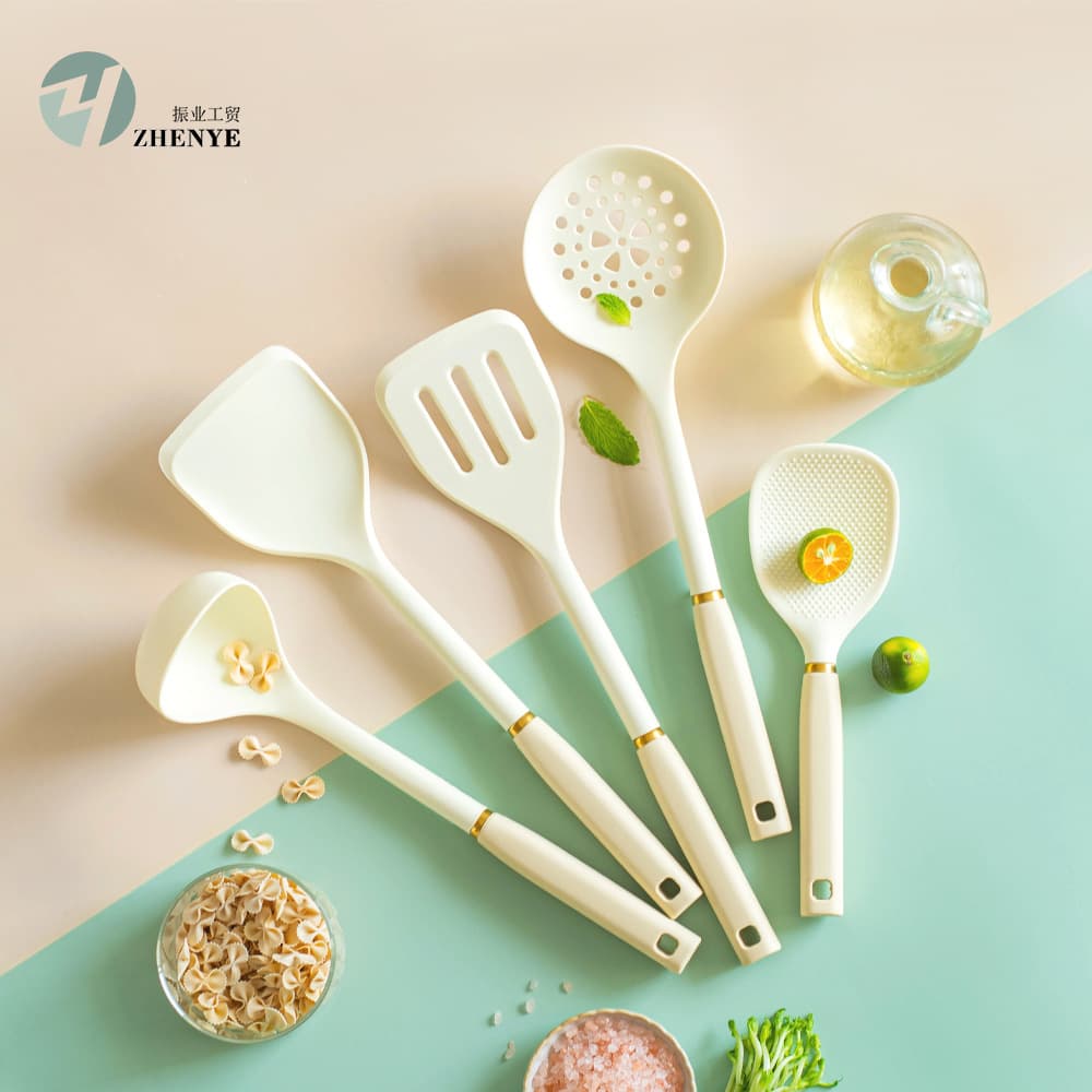 Silicone Handle Kitchen Tools 5-Piece Set Cooking Spatula Spoon Rice Spoon with Stand