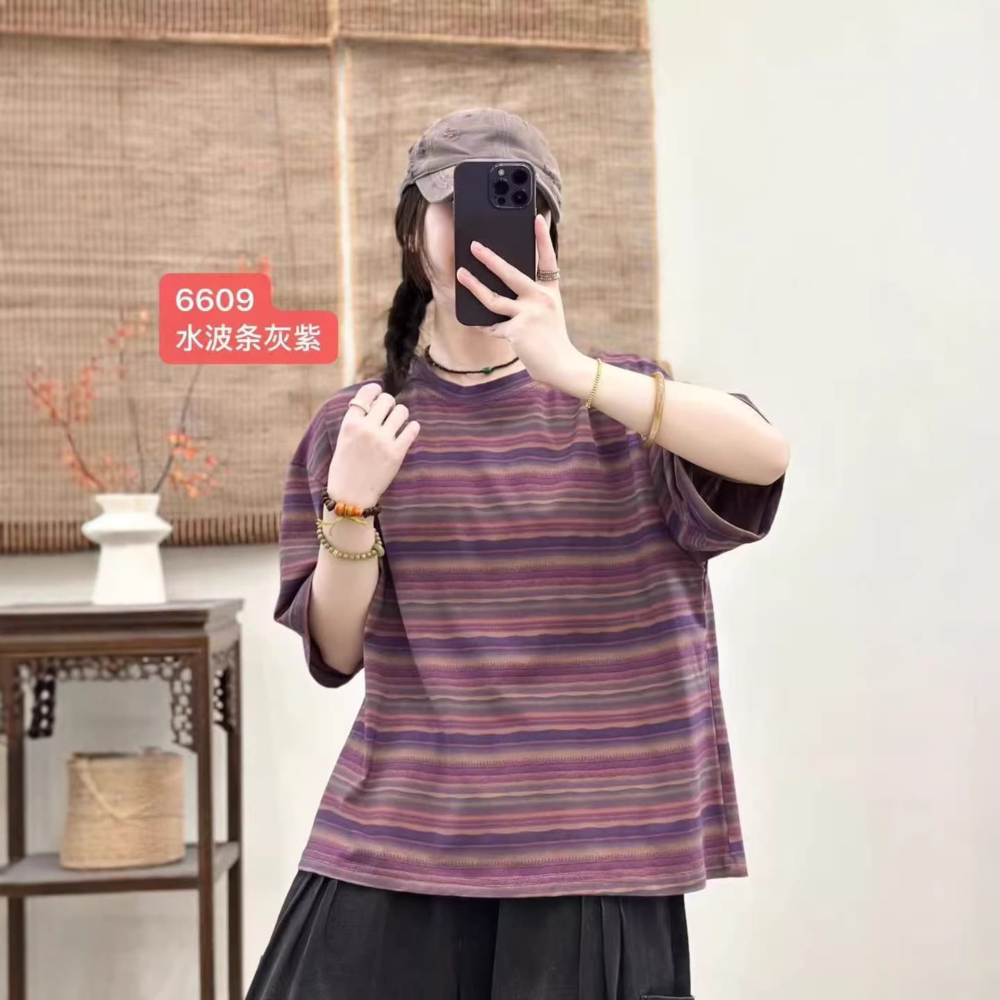 2026 Summer Style Women's Striped Floral T-Shirt Short Sleeve Pullover Skin-Friendly Thin Loose Fit Half Sleeve