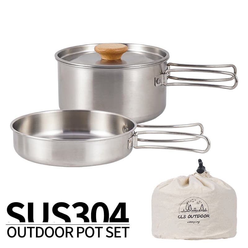 Outdoor Hiking 304 Stainless Steel Folding Handle Pot Portable Camping Frying Pan Soup Pot Home Picnic Cookware Set