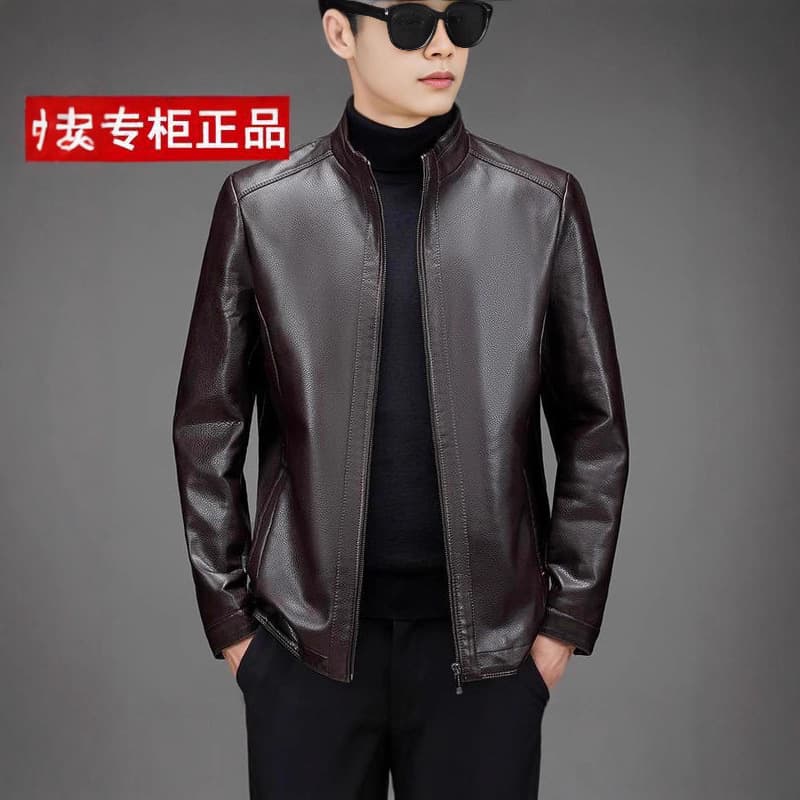 Haining PU Soft Leather Jacket Autumn Winter Fleece Lined Leather Coat for Middle-Aged and Elderly Men Men's Winter Leather Outerwear