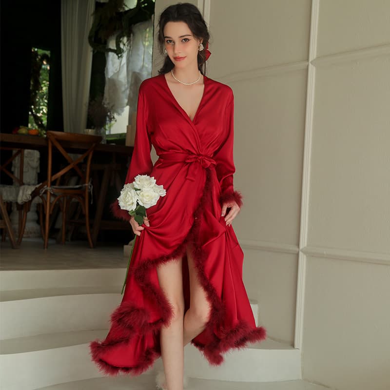 Bride Morning Robe Women's Feather Dressing Gown Wedding Makeup Bridesmaid Kimono Satin Long Bathrobe