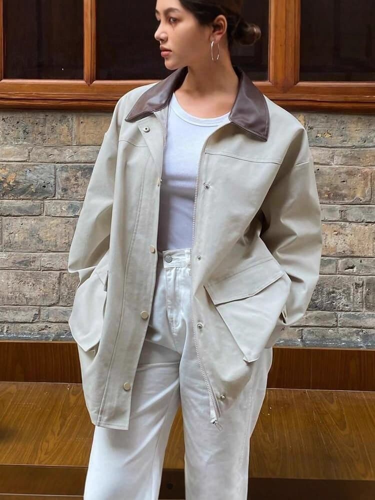 2025 Cross-Border Early Spring New Korean Lazy Barn Style Elegant Loose Contrast Color Long Slimming Coat