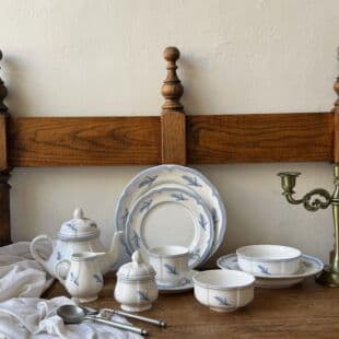 French Vintage Blue Feather Embossed Ceramic Dinnerware Set: Coffee Cup & Saucer, Melon Rib Teapot, Bowl & Plate Set, Western Dinner Plate, Deep Plate