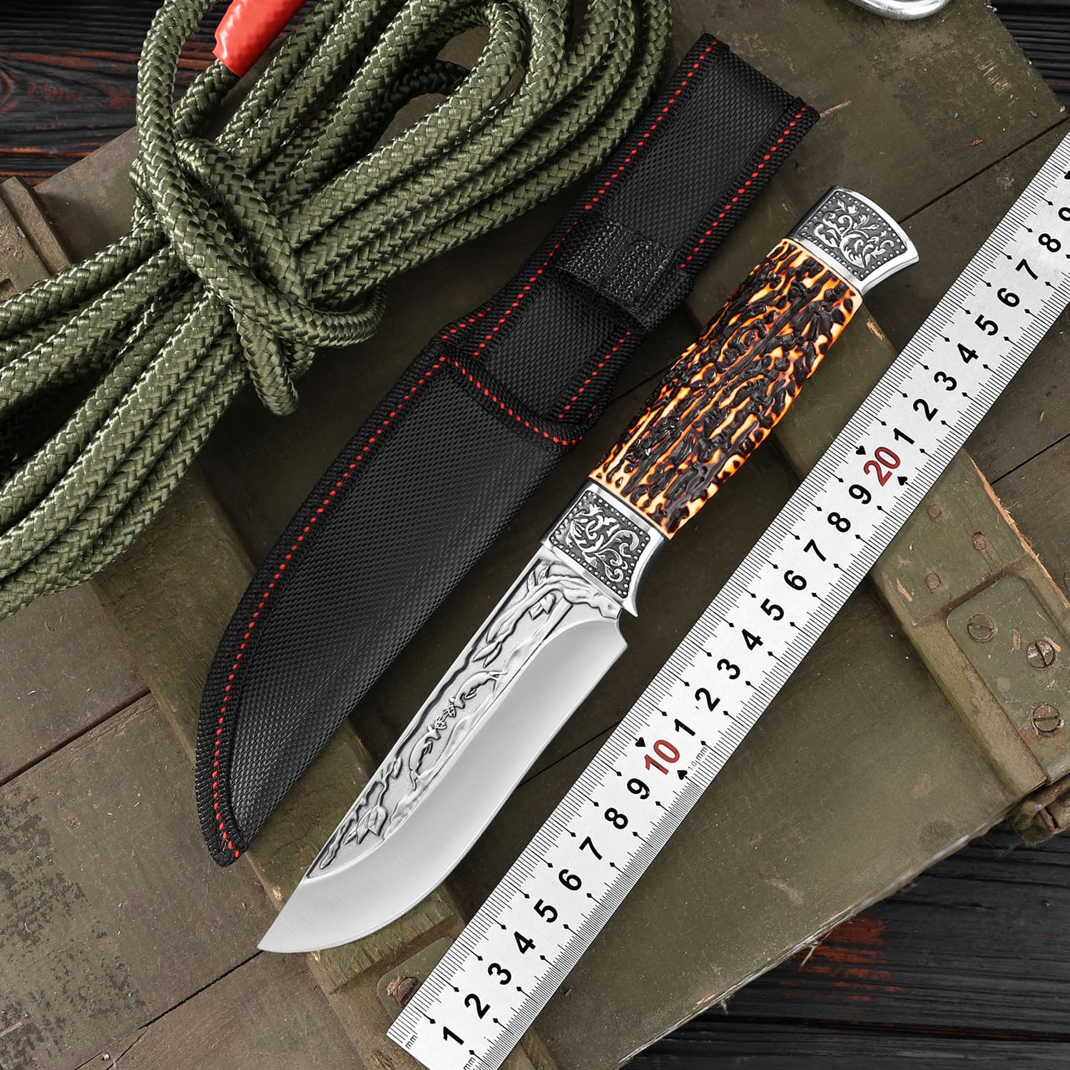 Outdoor Hunting Small Straight Knife Double Steel Head Imitation Deer Bone Portable Multi-Purpose Knife Mongolian Meat Cutting Knife Cross-Border Knife