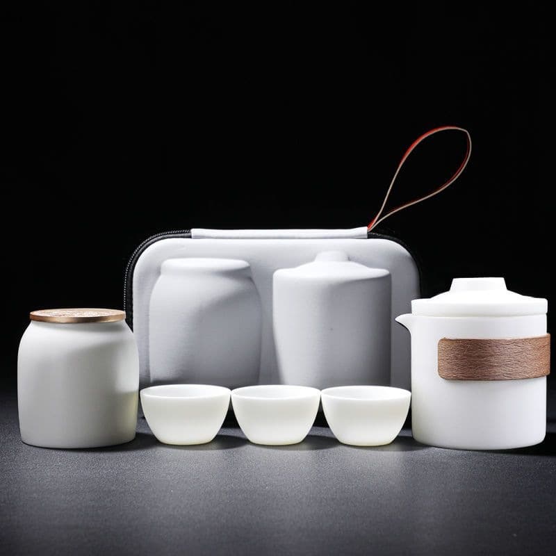 Dehua White Porcelain Quick Cup Set, One Teapot Four Cups, Travel Tea Set Portable Bag, Small Set for Outdoor Brewing