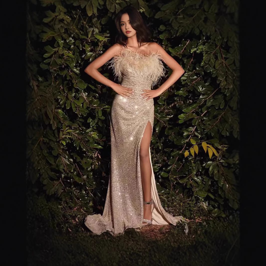 25 European and American Autumn New Banquet Backless Split Feather Sequin Evening Dress Off-Shoulder Mermaid Dress