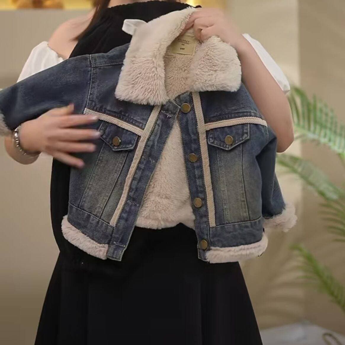 Boys' winter coat, denim fleece-lined thickened parka for babies and toddlers, suitable for outerwear.