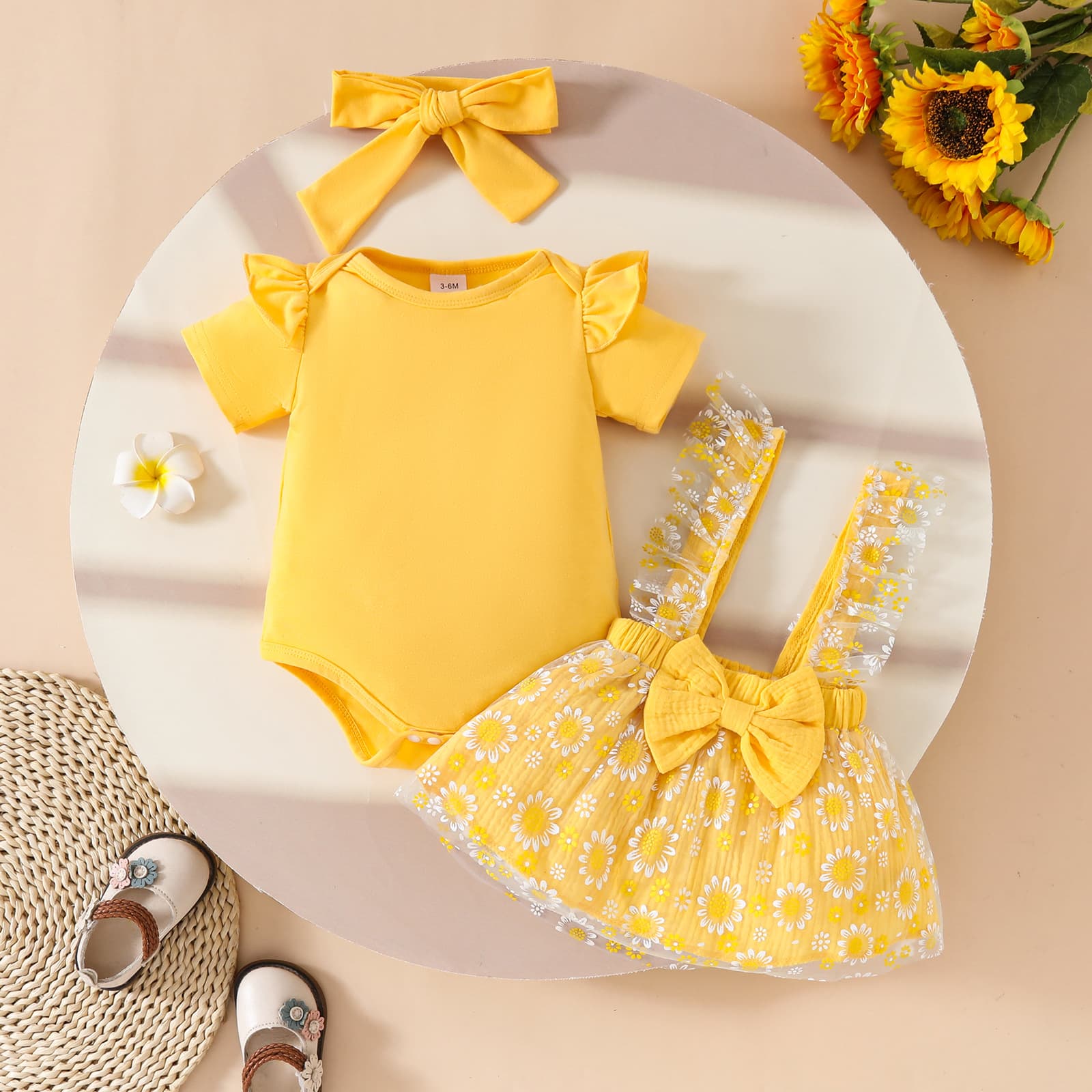 Cross-border Supply 0-1 Year Old Baby Girl Short-Sleeve Triangle Bodysuit + Double Crepe Fabric Mesh Suspenders Skirt + Headband Three-Piece Set